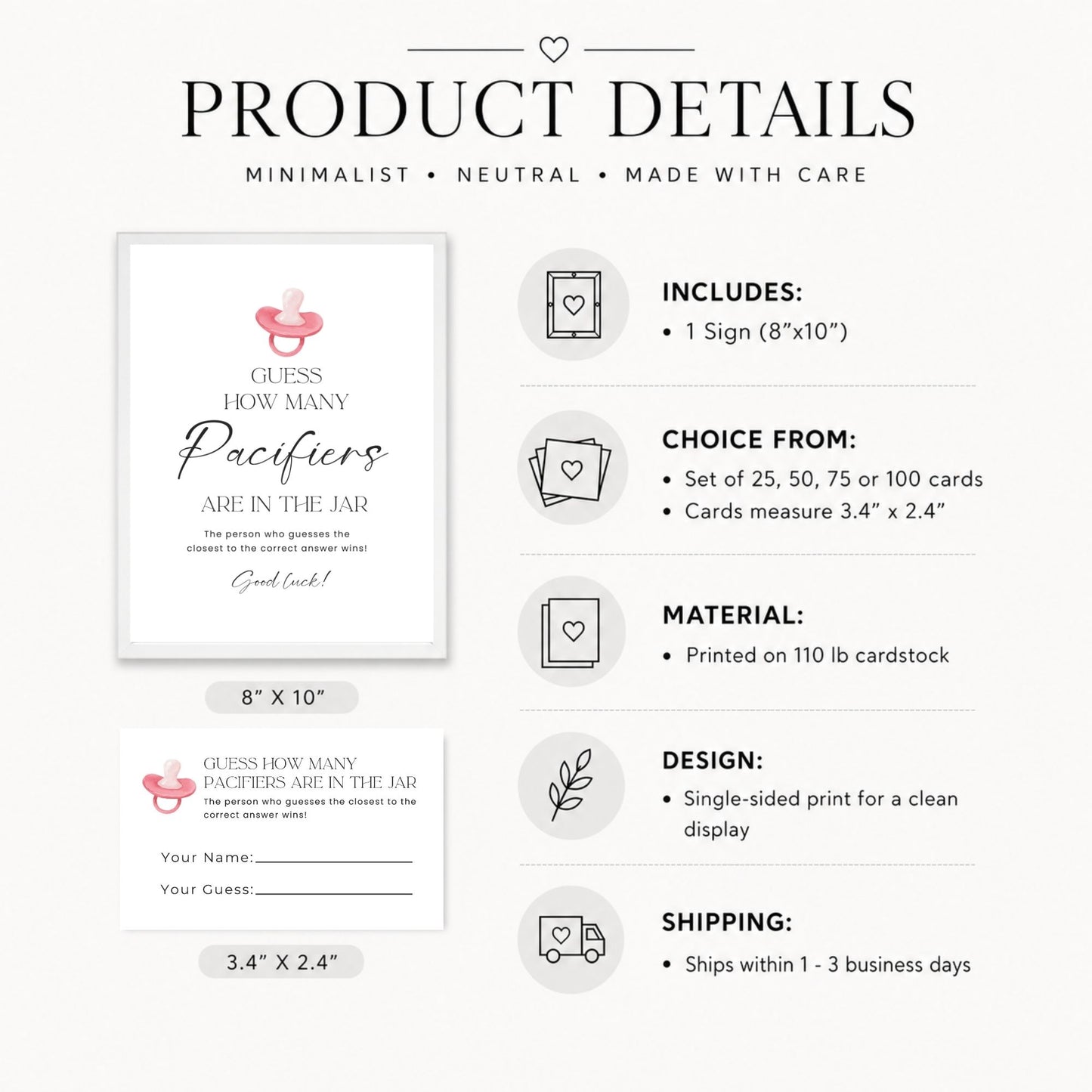 Product details graphic for a minimalist baby shower card set. The design shows a white card with pink and black text reading 'GUESS HOW MANY Paciers ARE IN THE JAR' along with a small pink pacifier icon.