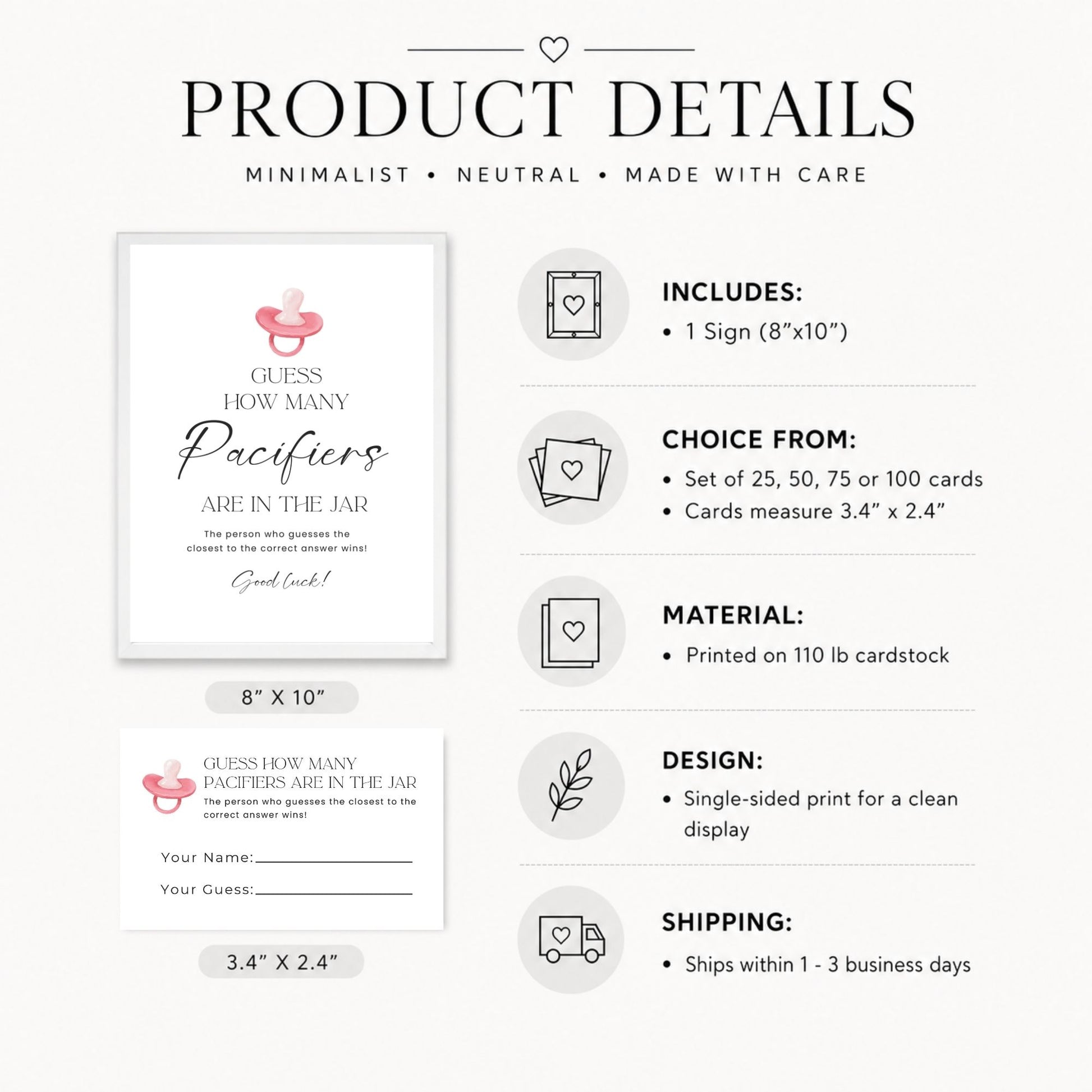 Product details graphic for a minimalist baby shower card set. The design shows a white card with pink and black text reading 'GUESS HOW MANY Paciers ARE IN THE JAR' along with a small pink pacifier icon.