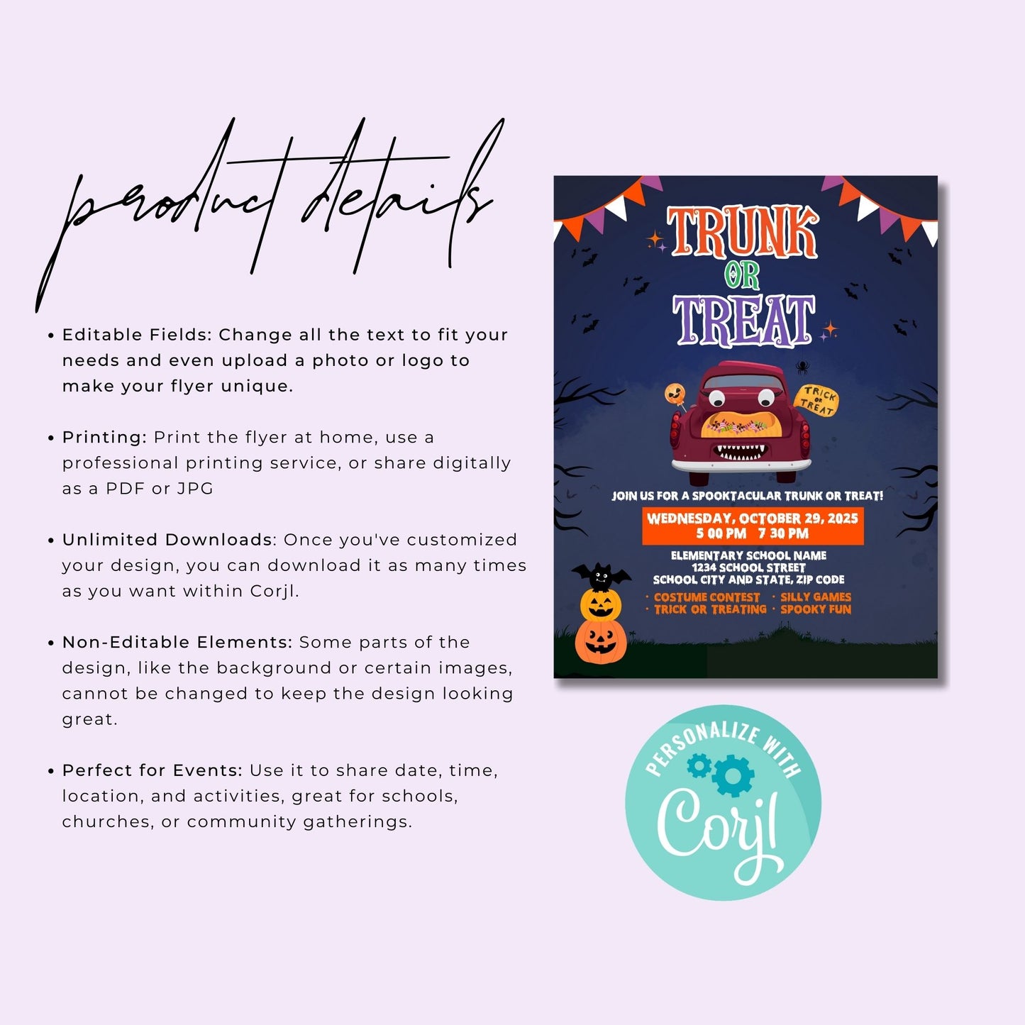 Trunk or Treat Flyer Template, 8.5x11 Editable Halloween Flyer, Instant Download Corjl Template, Printable Halloween Party Sign for School