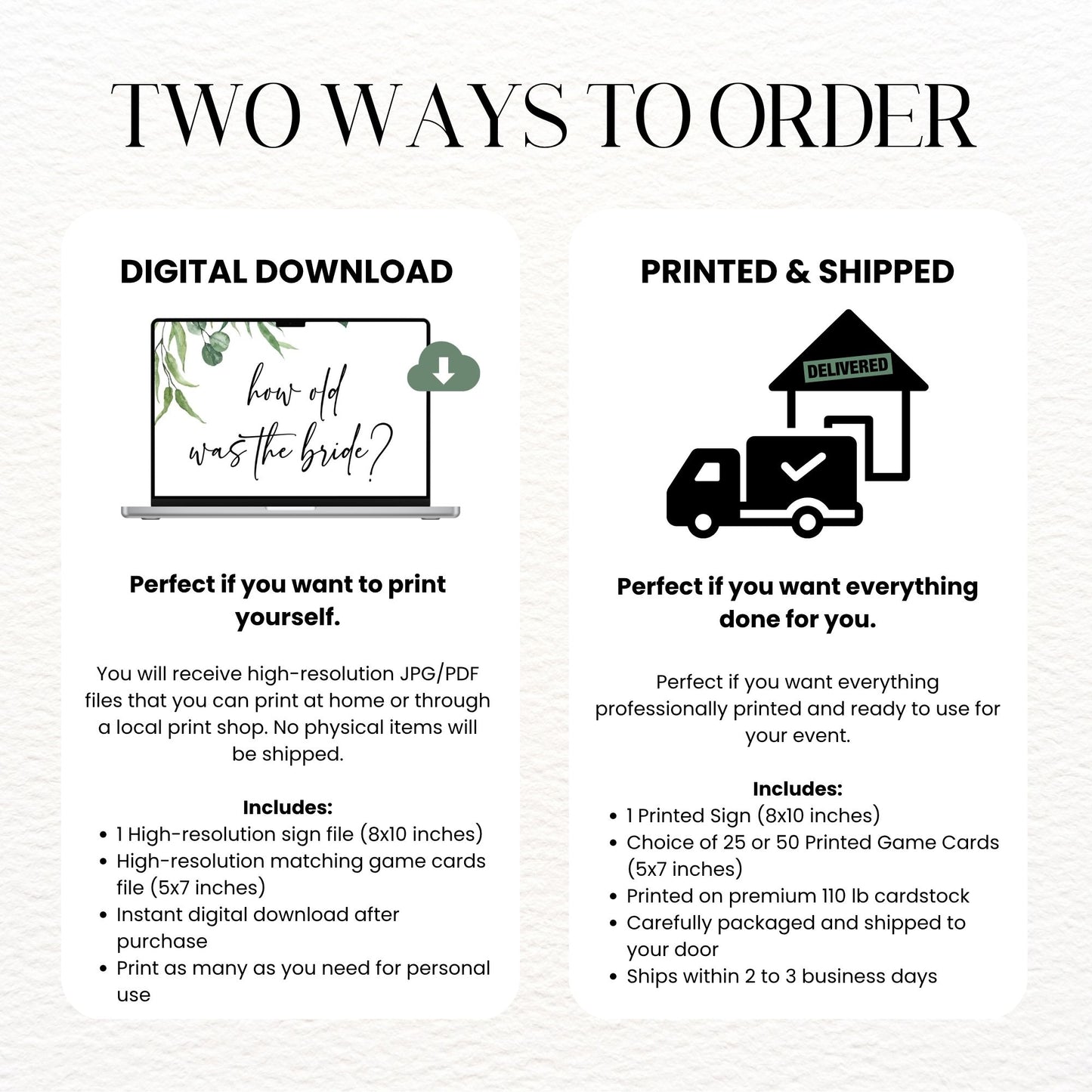 Two ways to order graphic with digital download and printed & shipped options.
