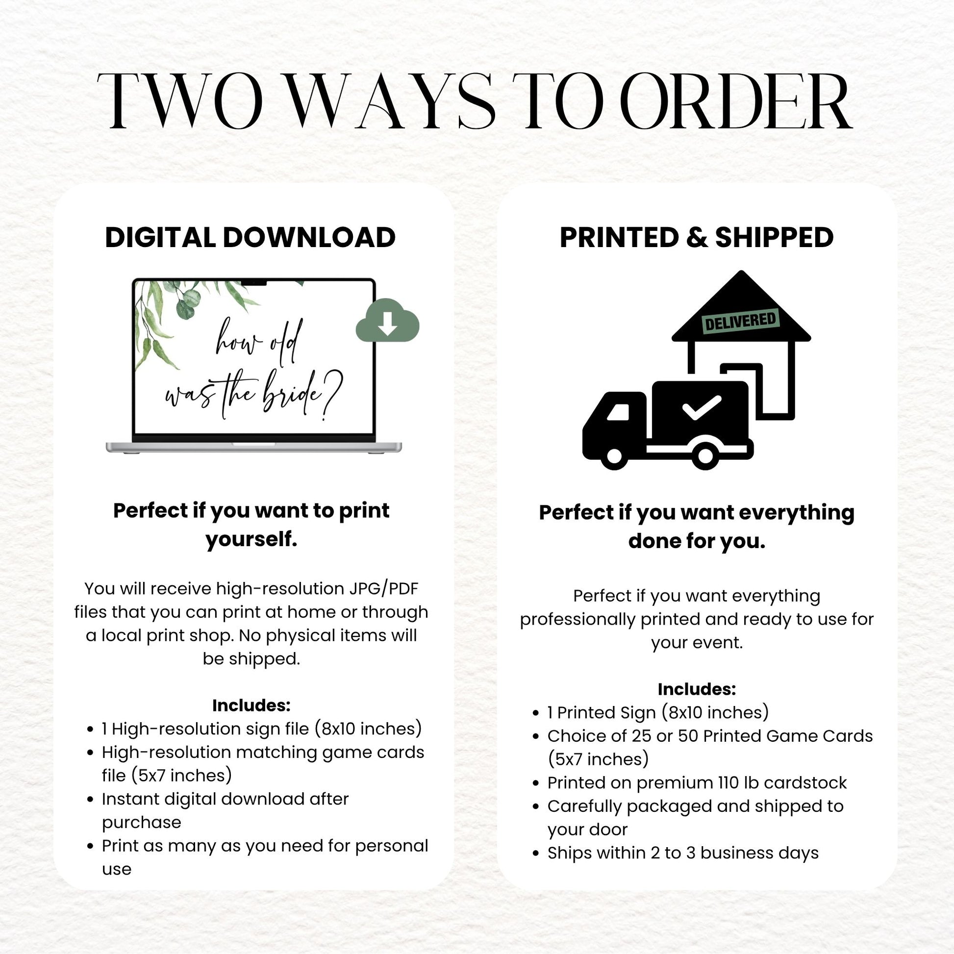 Two ways to order graphic with digital download and printed & shipped options.