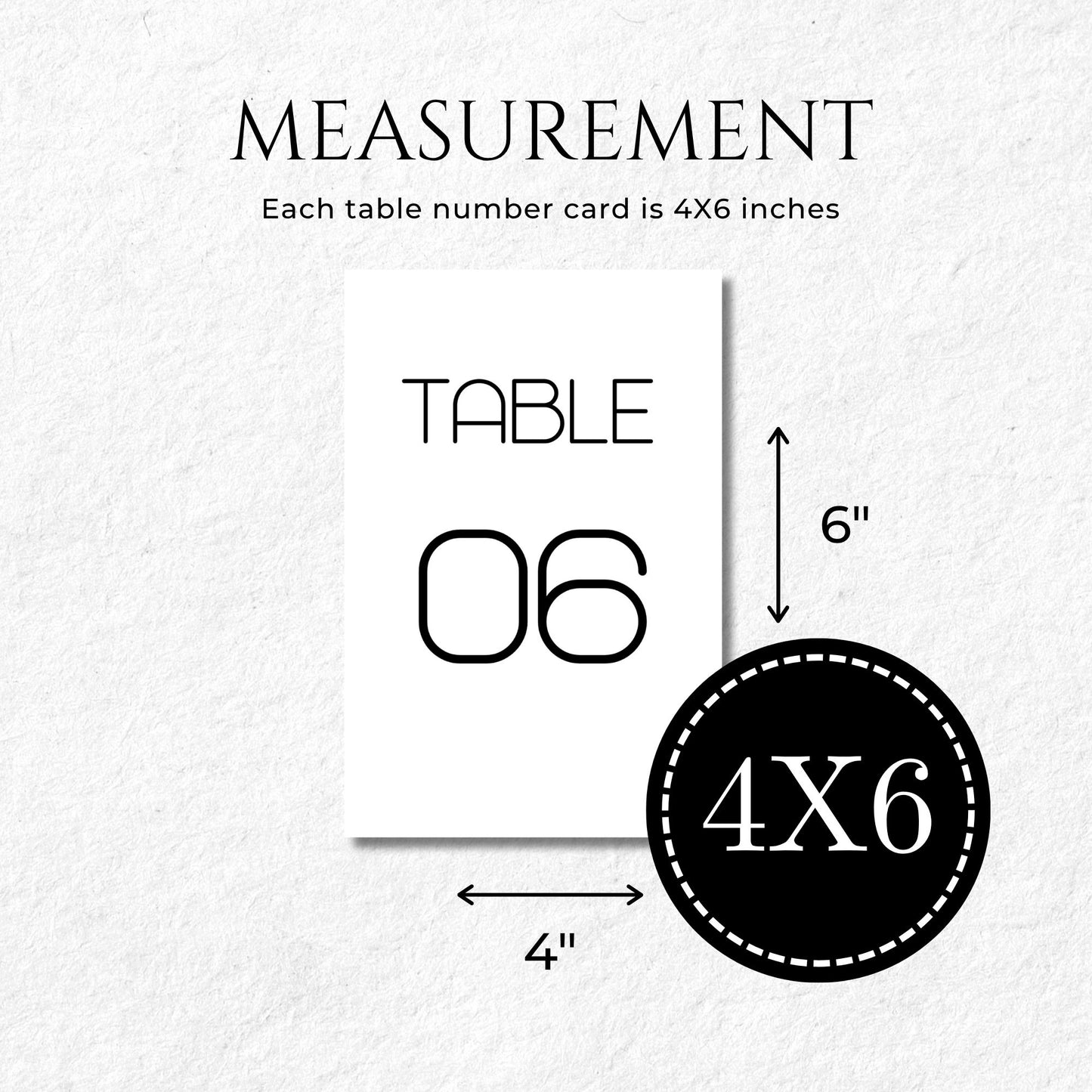 Measurement chart for table number cards showing size 4x6 inches on a white background.