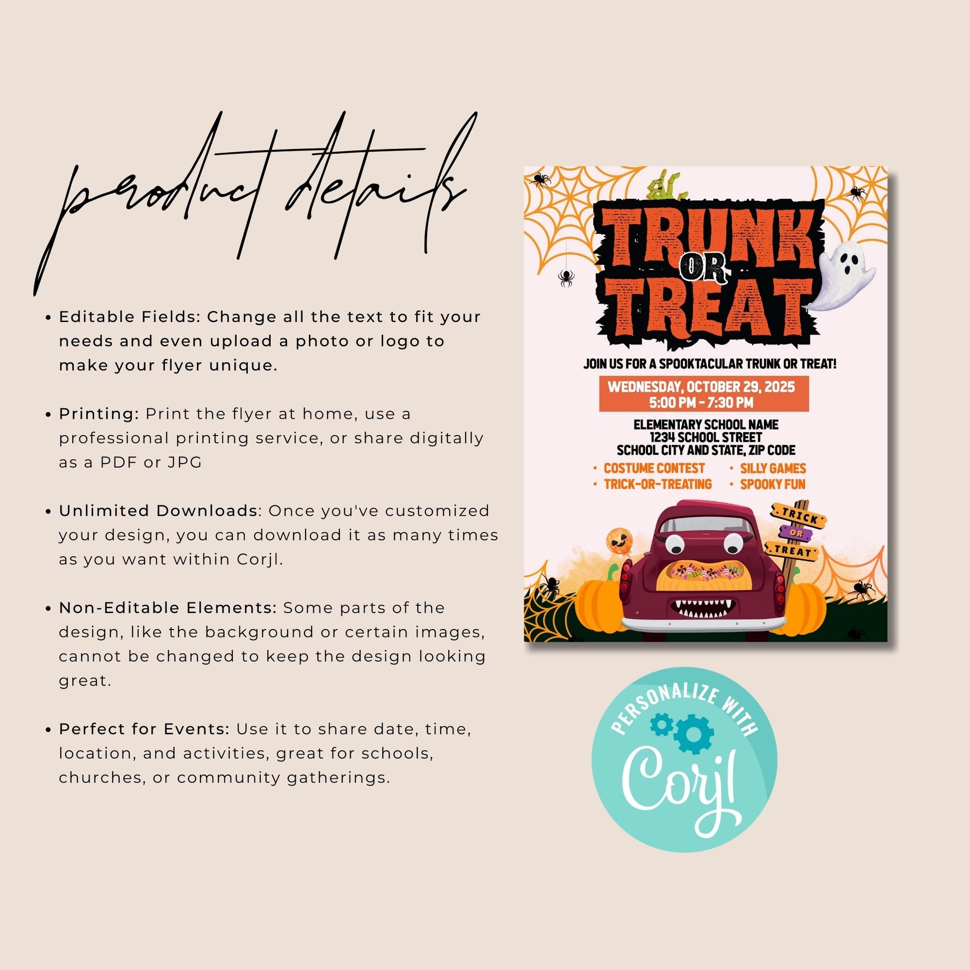 Editable Trunk or Treat Poster, Halloween Event Flyer 8.5x11, Printable Church Fall Festival Sign, Corjl Template Instant Download
