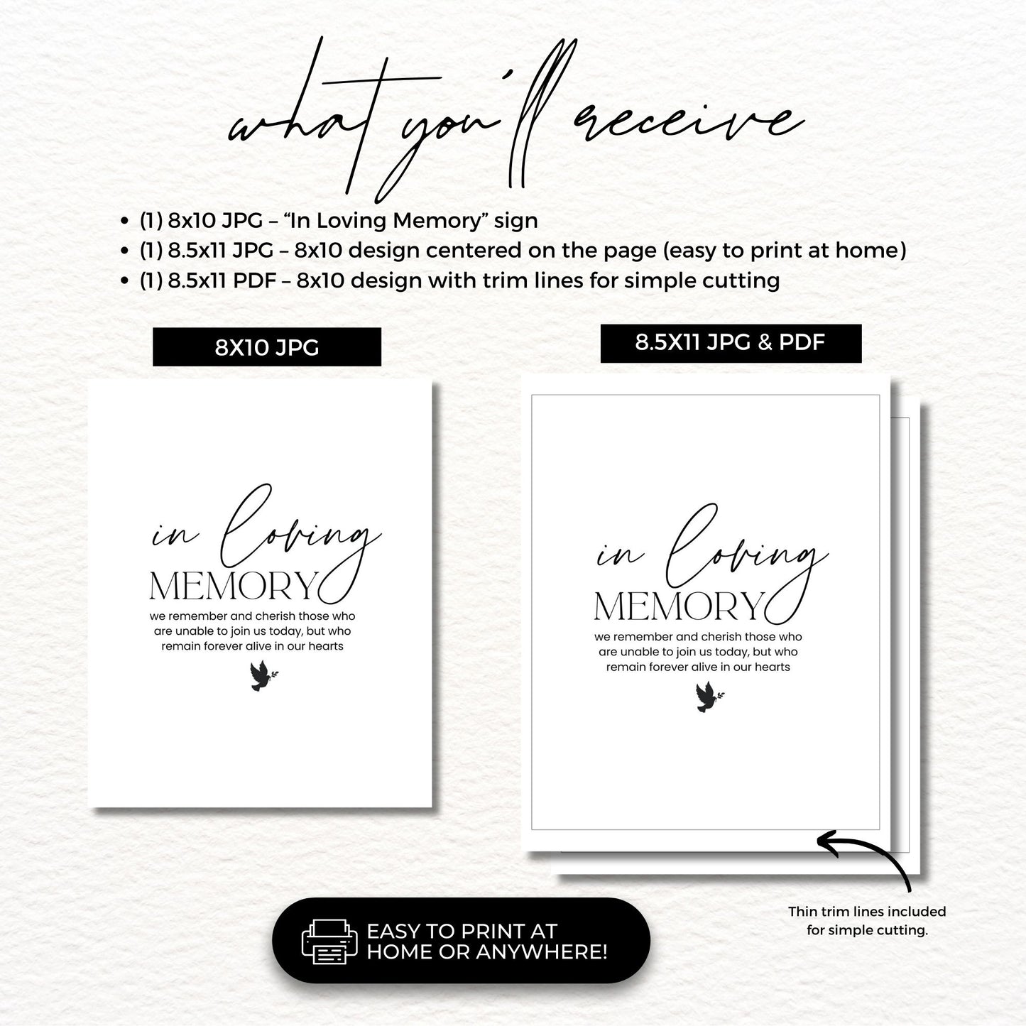 In Loving Memory printable sign for memorial service, celebration of life, or remembrance ceremony. Elegant black and white digital download, easy to print at home or copy shop. Perfect tribute sign to honor loved ones
