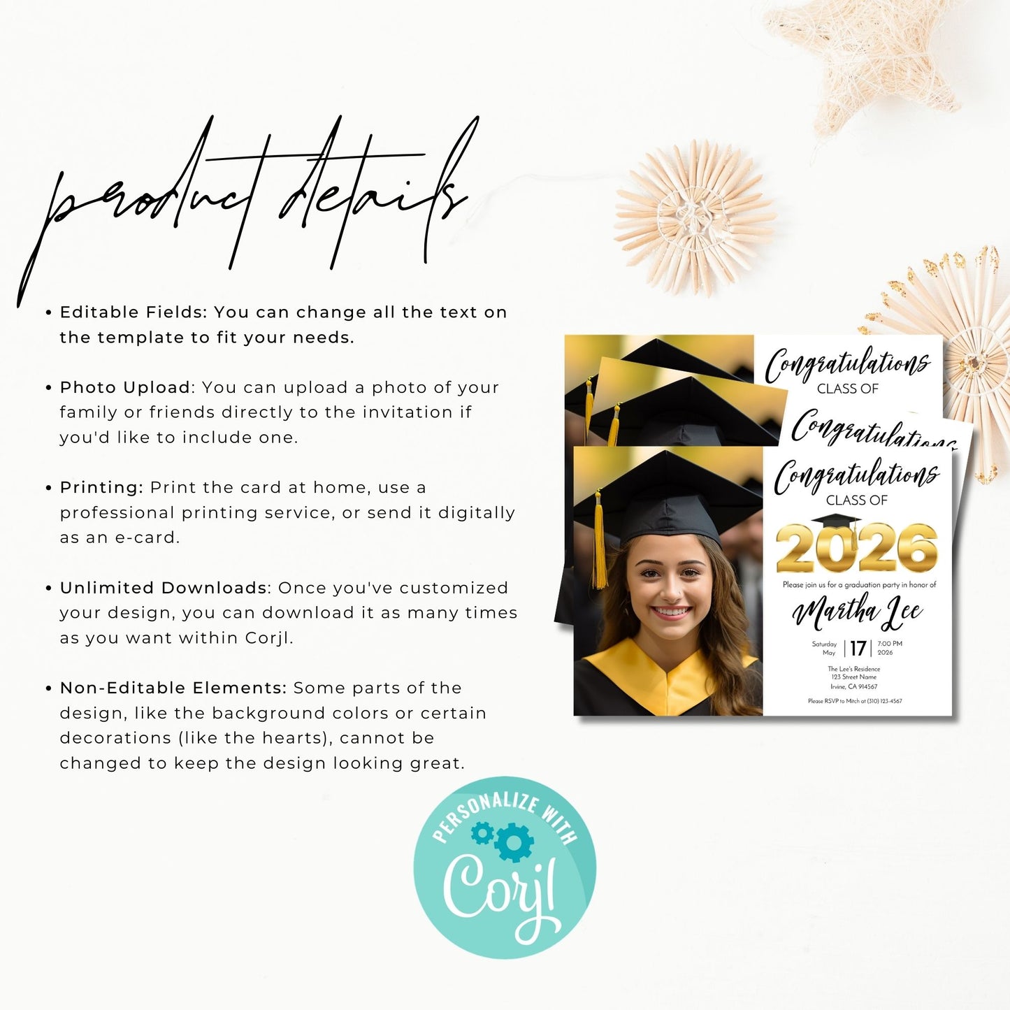 Graduation-themed invitation card with editable text and photo upload options on a white background.