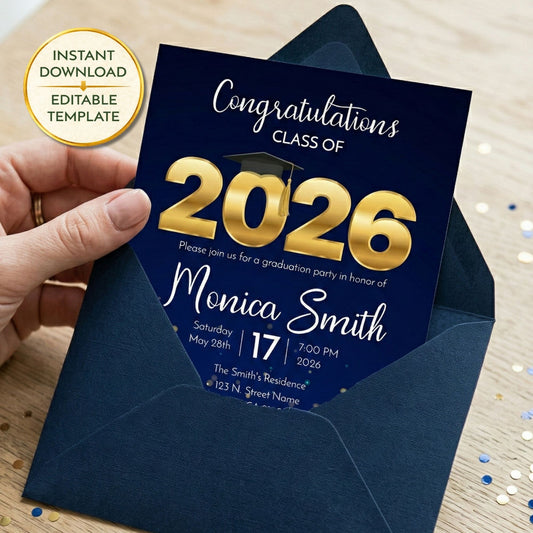 Graduation party invitation for Class of 2026 held over an envelope with confetti on a wooden surface.