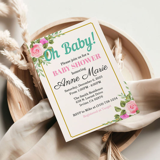 Oh Baby Shower Invitation Template Editable Corjl 5x7 Floral Pink Greenery Gold Baby Girl Printable Digital Download Invite