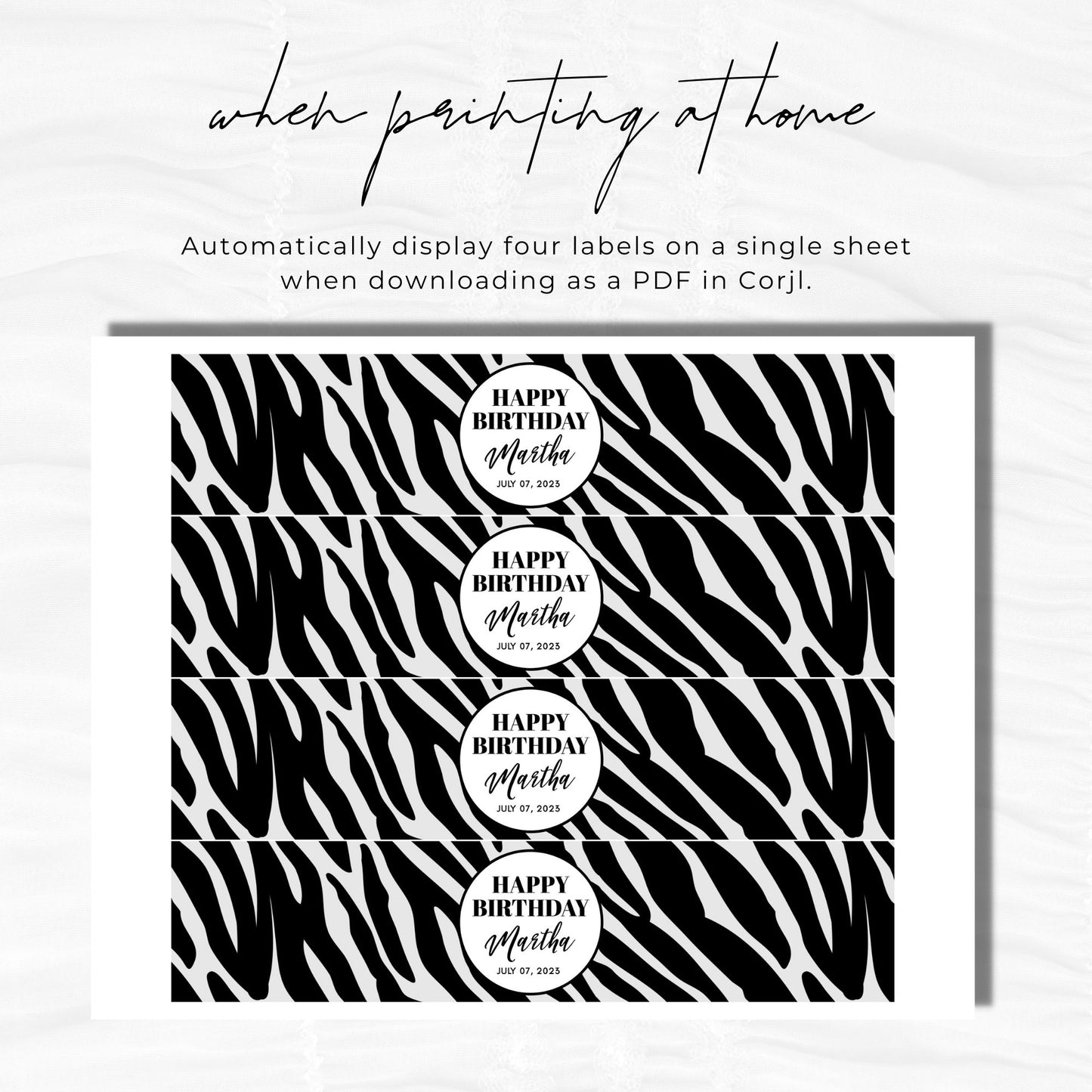 Zebra Print Pattern Water Bottle Label Template for a Birthday
