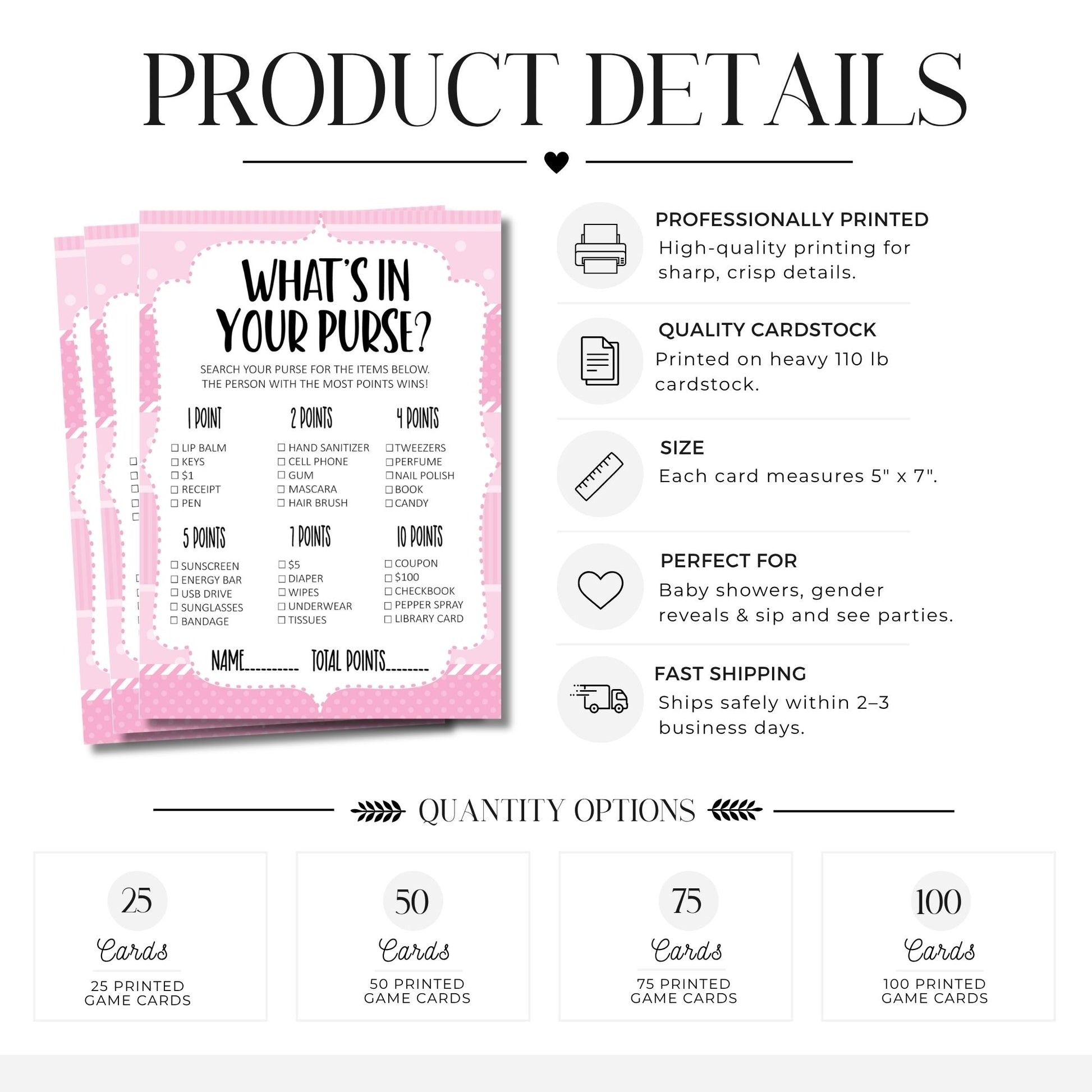 Product details graphic for a baby shower game card set. The main area shows a stack of pink cardstock game cards with the title 'What's in Your Purse?' and a scoring grid.