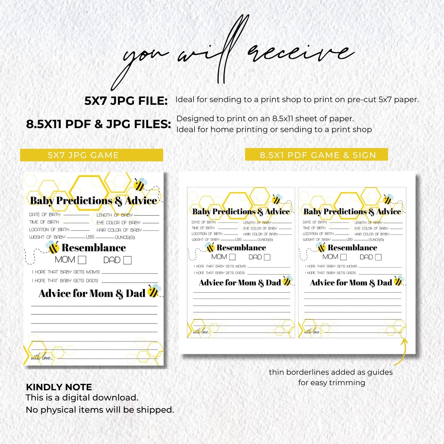 Baby Shower Prediction Cards, Bumble Bee Baby Advice Template