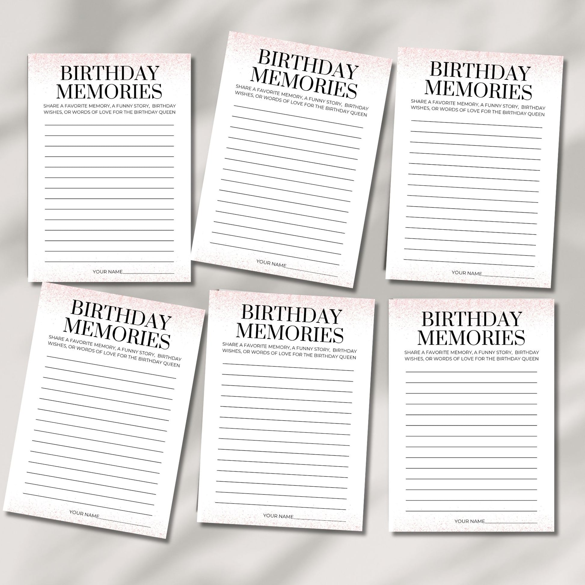  Rose Gold Birthday Memories Cards – Printable 8.5x11 Sheet | Share a Favorite Memory for the Birthday Queen | Instant Download Party Activity