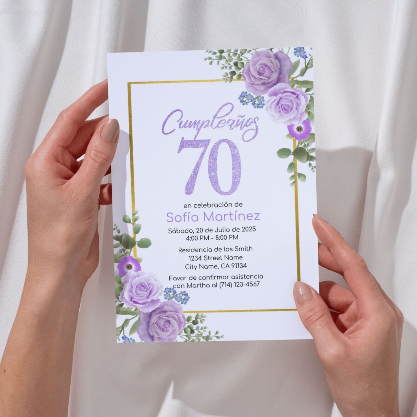 60th 70th 80th Purple Floral Cumpleaños Invitation | Editable Corjl Spanish Birthday Template | Floral Birthday Template | Birthday