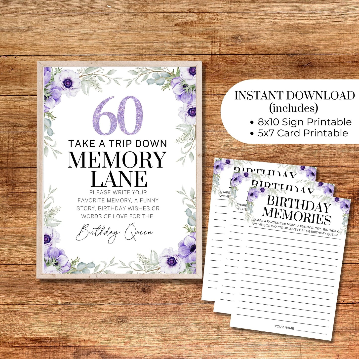 Elegant 60th Birthday Memory Lane Sign and Cards Set - Share Cherished Memories & Birthday Wishes