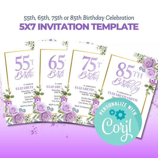 Editable 55th 65th 75th 85th Birthday Invitation Template | Purple Floral Birthday Party Invite | Printable Digital Download