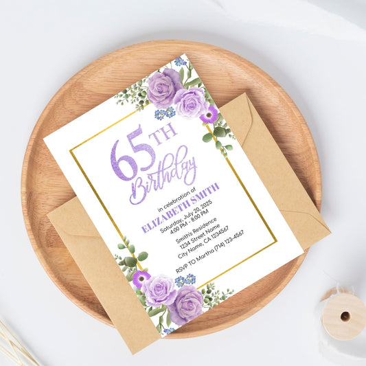 65th Birthday Invitation Template Purple Floral Gold Editable 5x7 Design for Moms, Sisters, Aunts Downloadable and Printable with Corjl