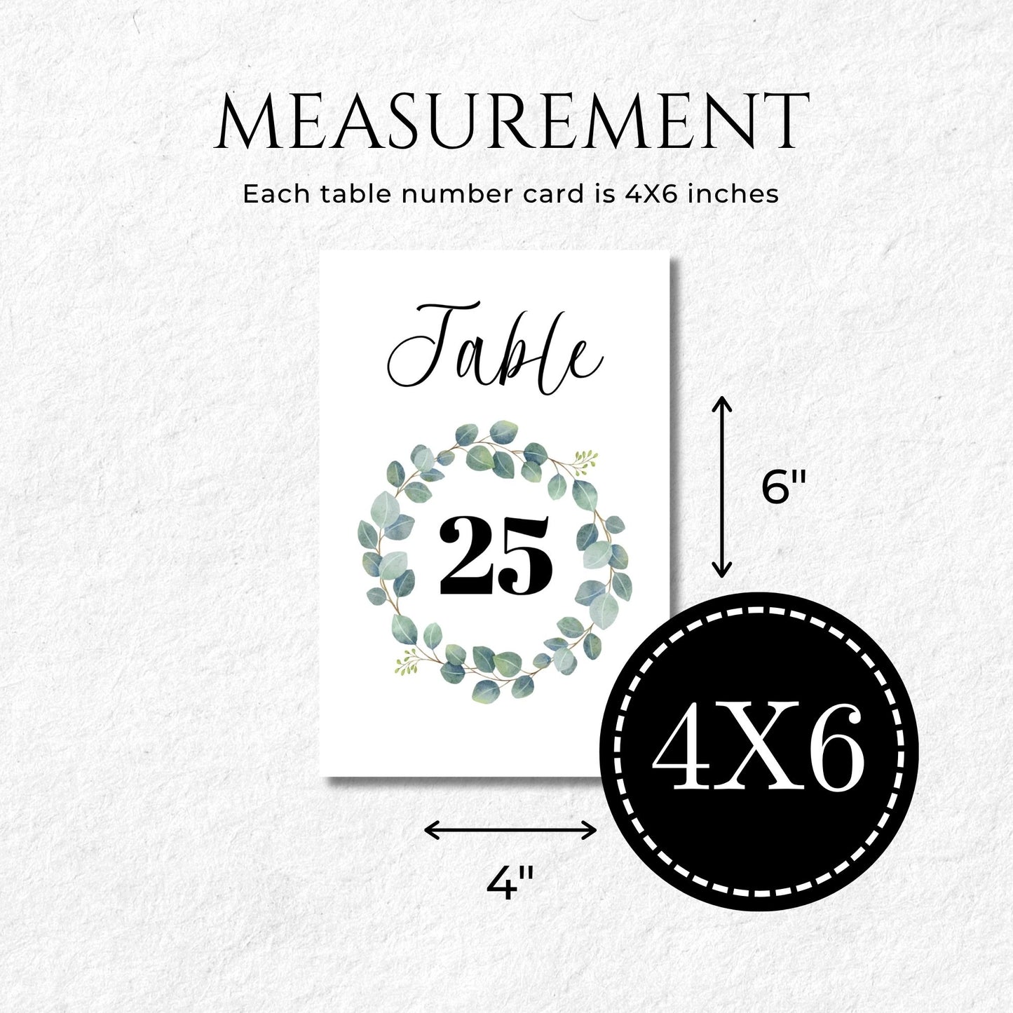 Measurement details of a table number card with eucalyptus design on a white background