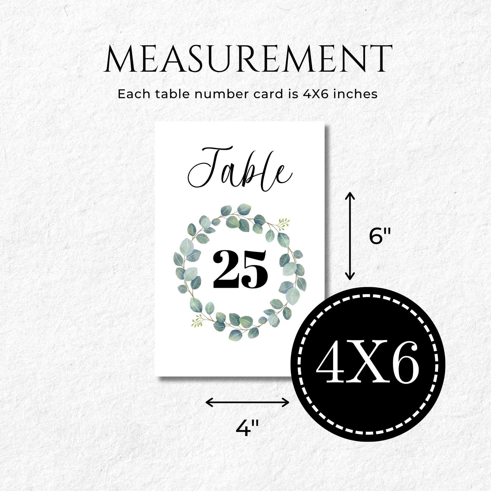 Measurement details of a table number card with eucalyptus design on a white background
