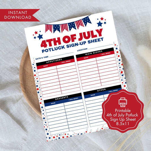 4th of July Potluck Sign Up Sheet Printable PDF and JPG File Patriotic Party Food Planner July Fourth BBQ Office Holiday Instant Download
