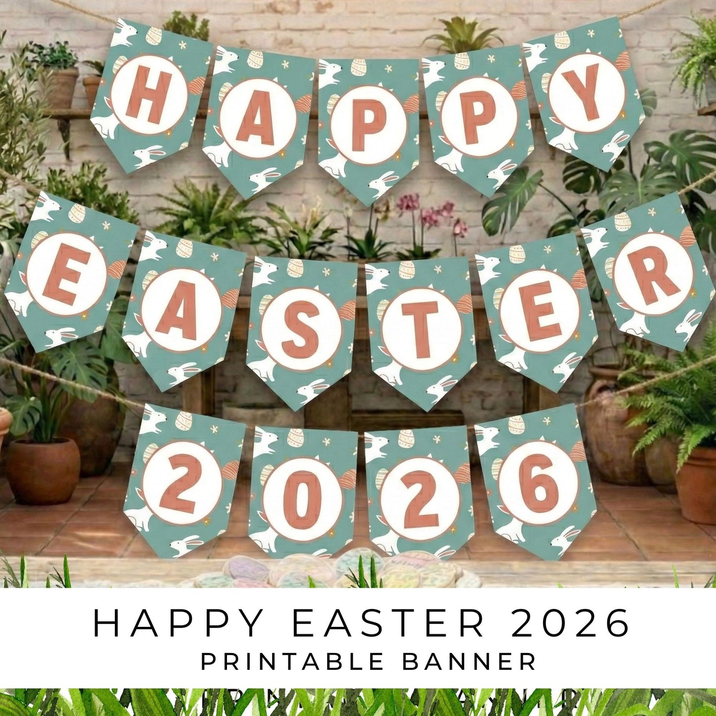 Happy Easter 2026 printable banner with decorative elements on a wooden surface.
