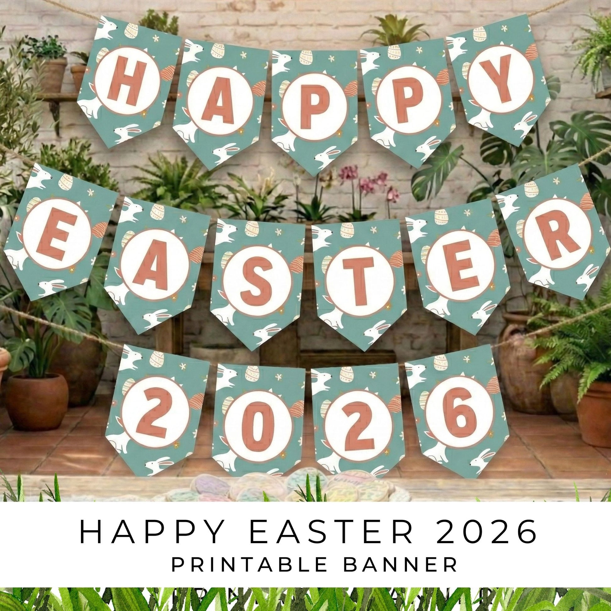 Happy Easter 2026 printable banner with decorative elements on a wooden surface.