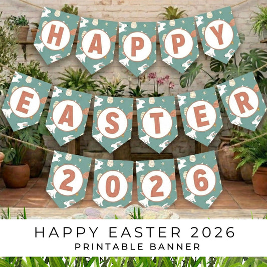 Happy Easter 2026 printable banner with decorative elements on a wooden surface.