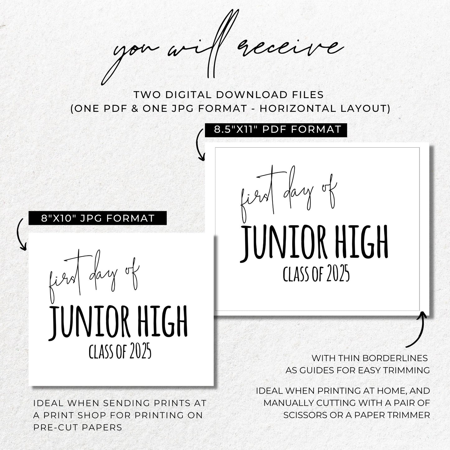 First Day of Junior High Class of 2025 Printable Sign 8x10