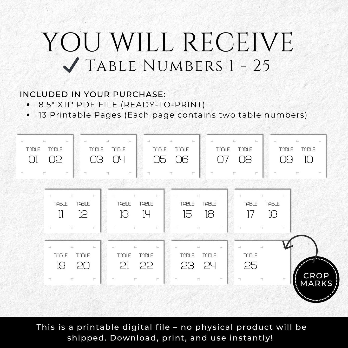 Promotional graphic for printable table numbers 1-25 with text and table number designs.