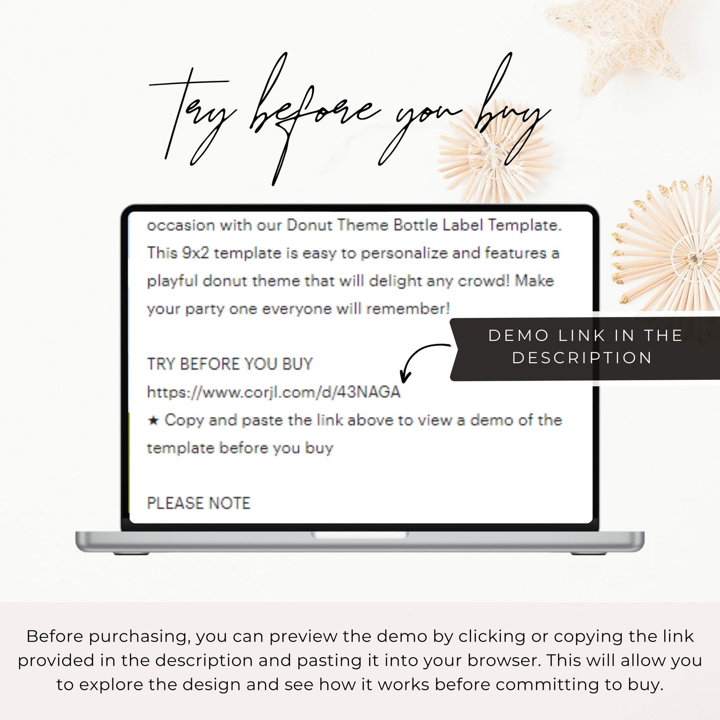 Promotional text for a Donut Theme Bottle Label Template with a laptop displaying the template on a white background.