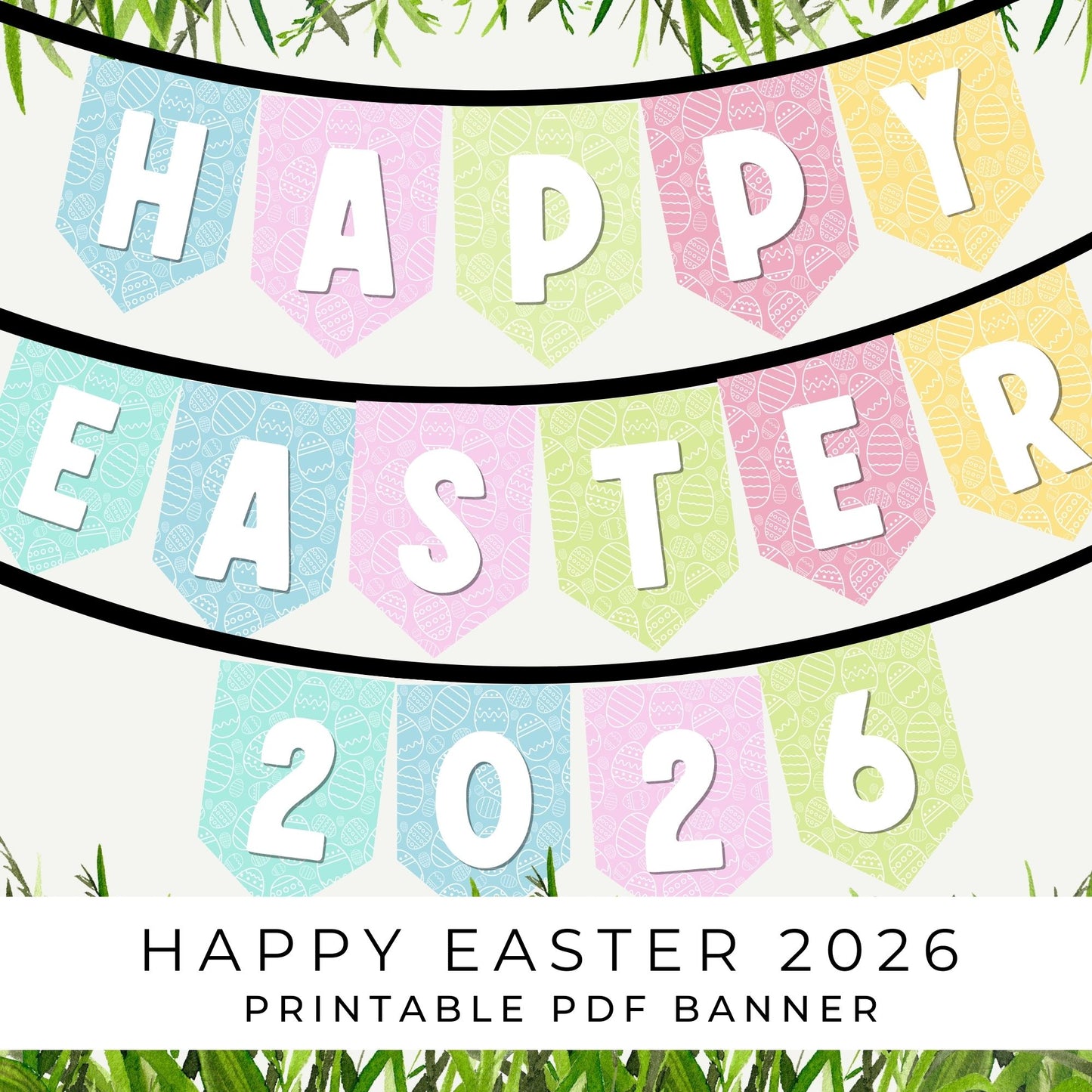 Happy Easter 2026 Banner Printable Pastel Easter Egg Party Decoration Spring Garland Instant Download PDF