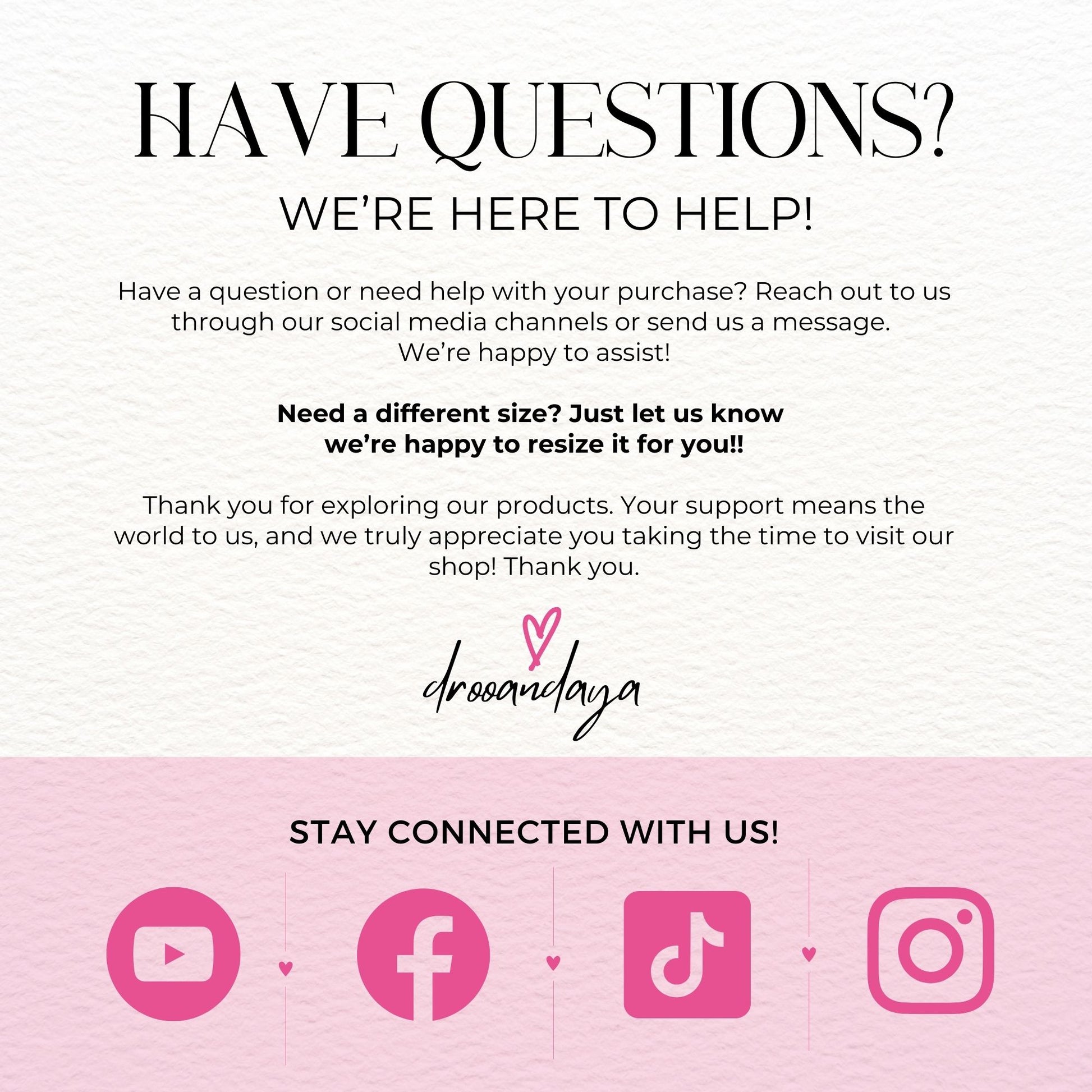 Customer service message with contact information and brand logo on a pink background