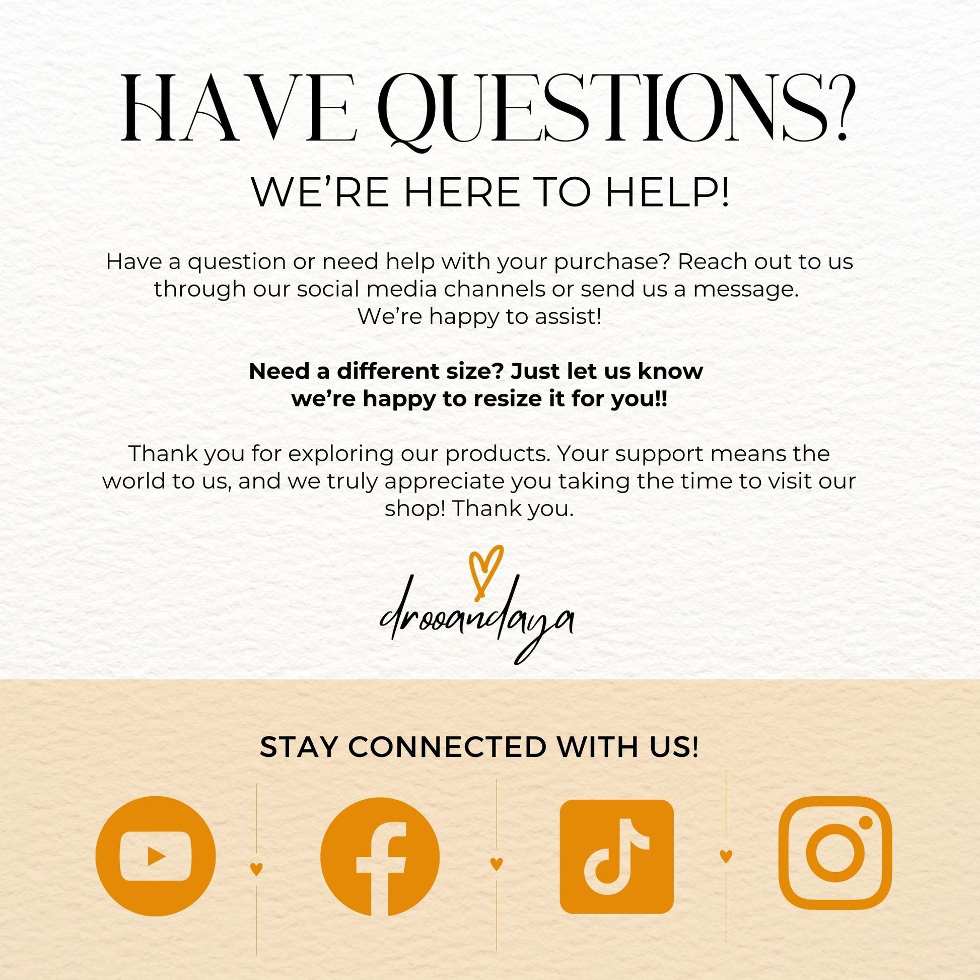 Customer service message with contact information and social media icons on a white background