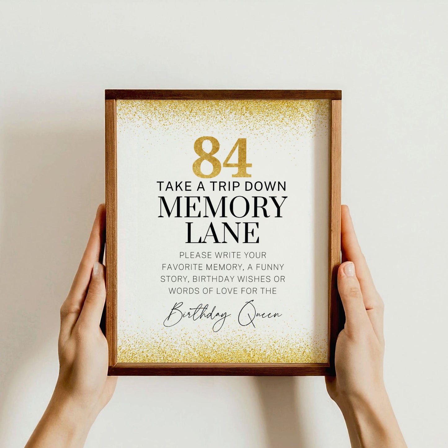 Hands holding 84th Birthday Memory Lane gold glitter printable poster, digital download wall art
