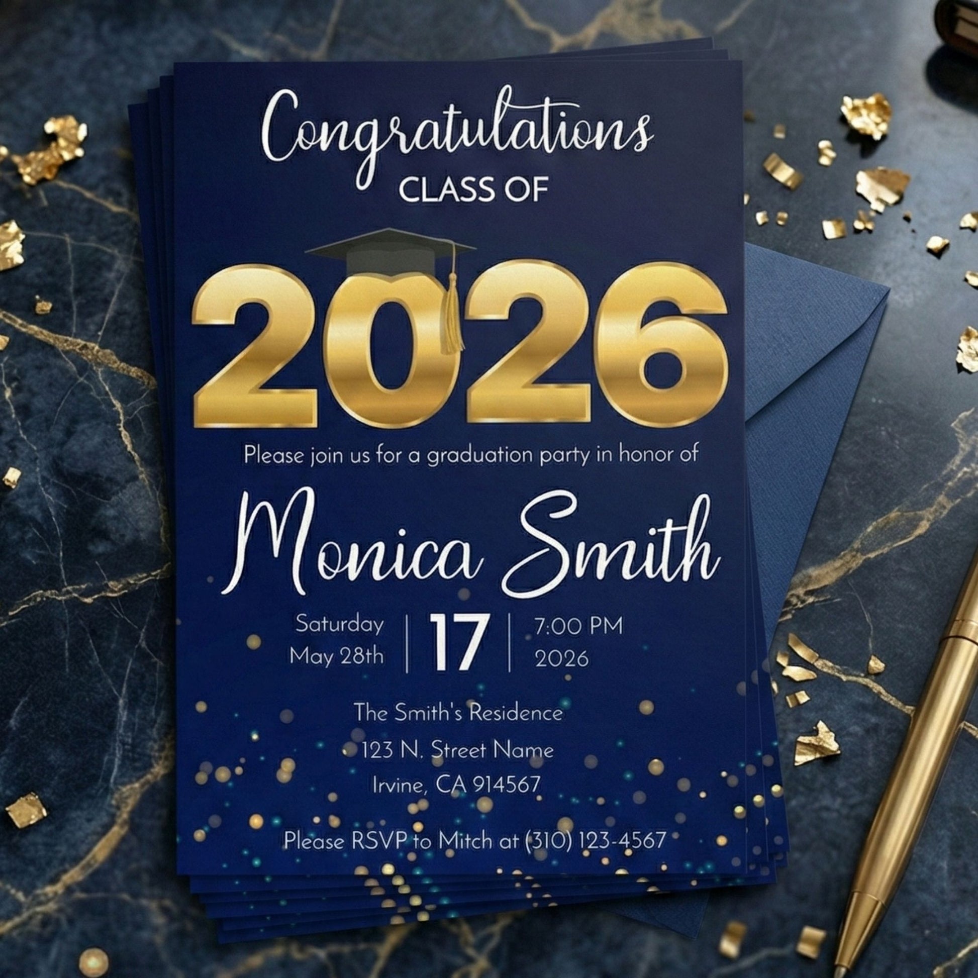 Graduation party invitation for Class of 2026 on a blue background with gold accents.