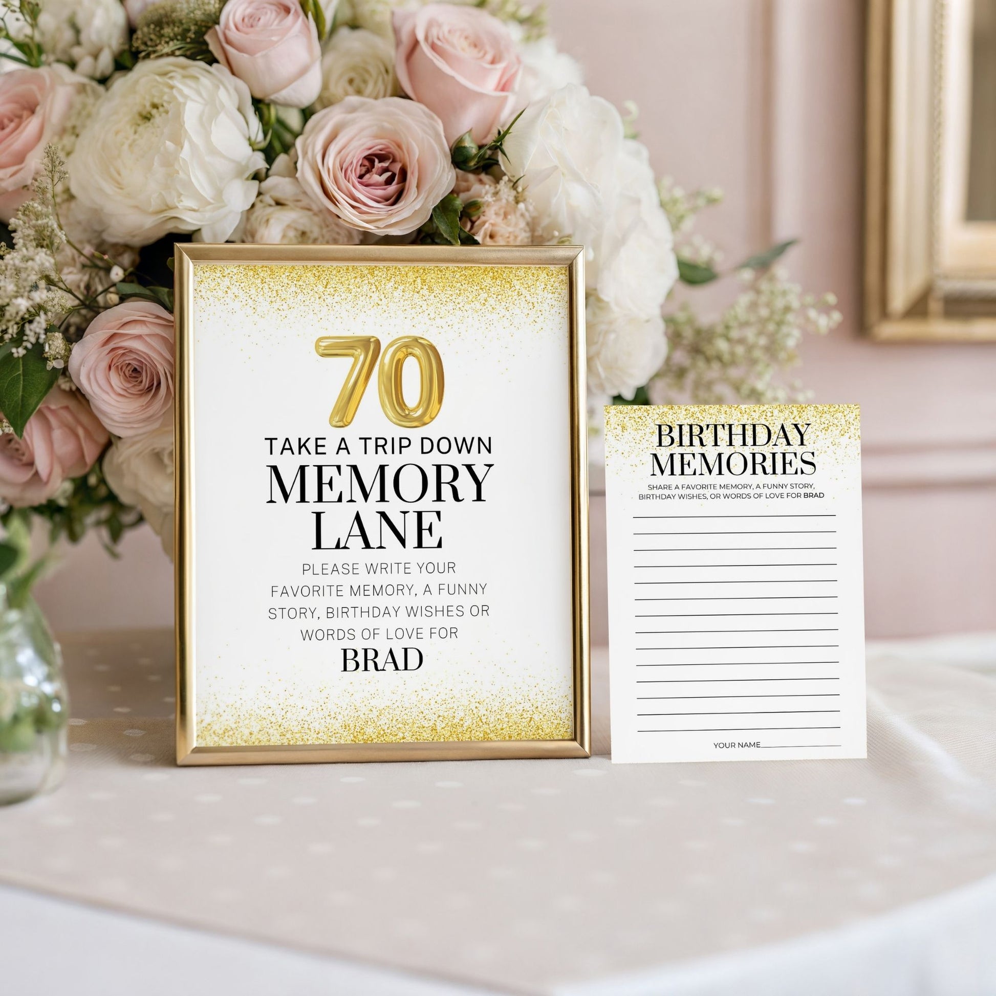 70th birthday memory lane sign with a bouquet of flowers on a table.