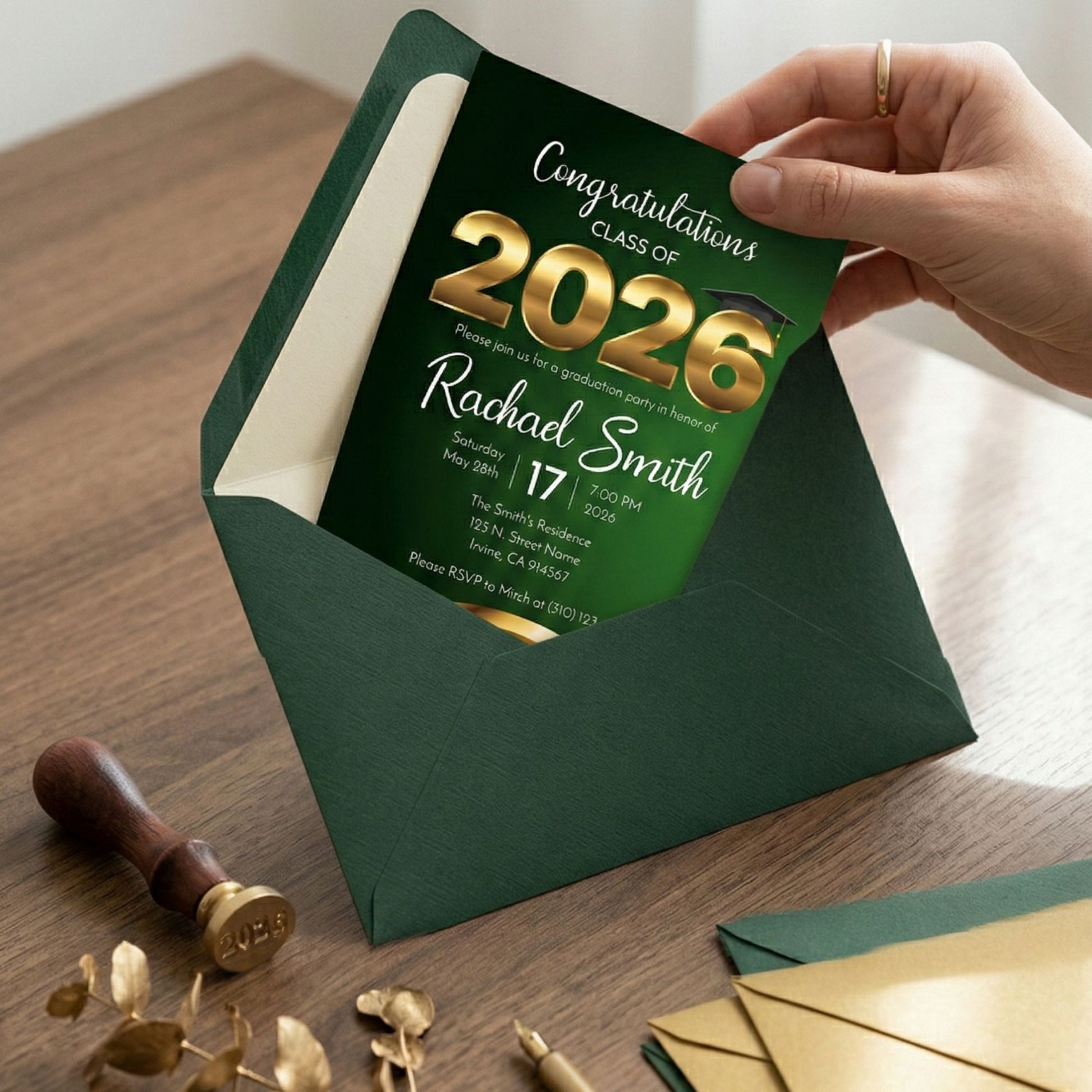 Graduation invitation for Class of 2026 with a green envelope on a wooden surface.