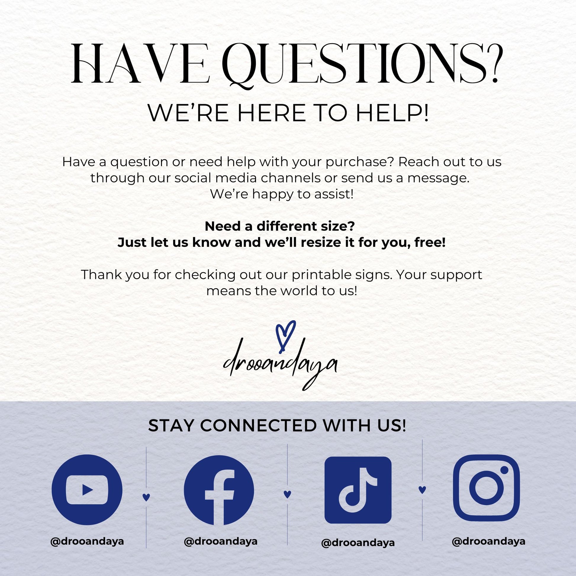 Customer service message with contact information and brand logo on a white background