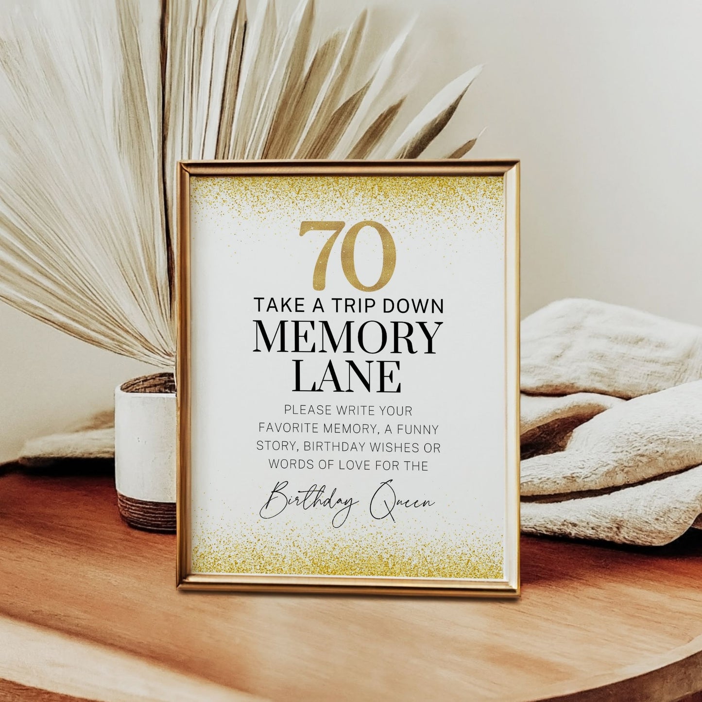 70th Birthday Memory Lane Sign, 8x10 Printable Party Decor, Gold Sparkle Design, Share Special Memories and Wishes for the Birthday Queen