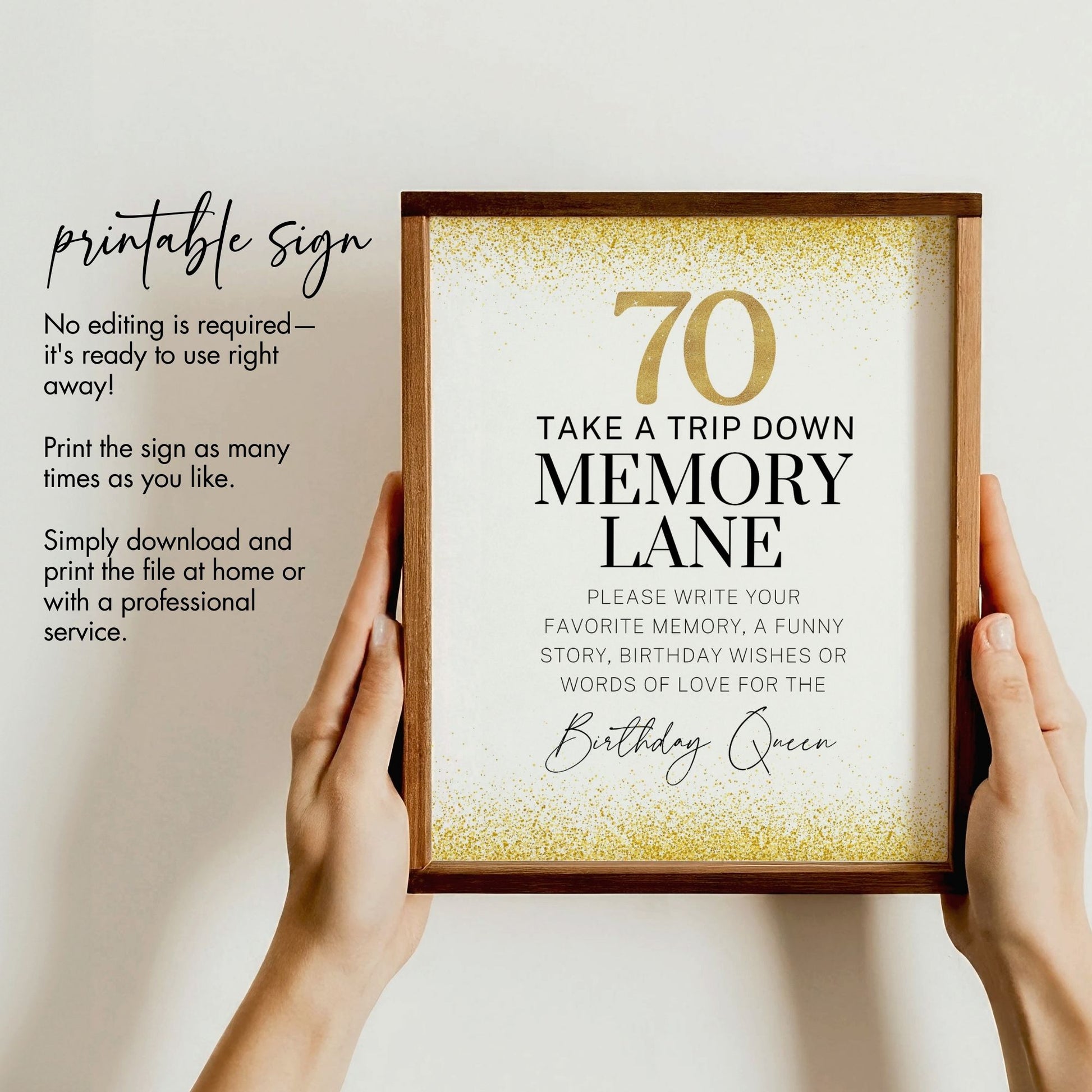 70th Birthday Memory Lane Sign, 8x10 Printable Party Decor, Gold Sparkle Design, Share Special Memories and Wishes for the Birthday Queen