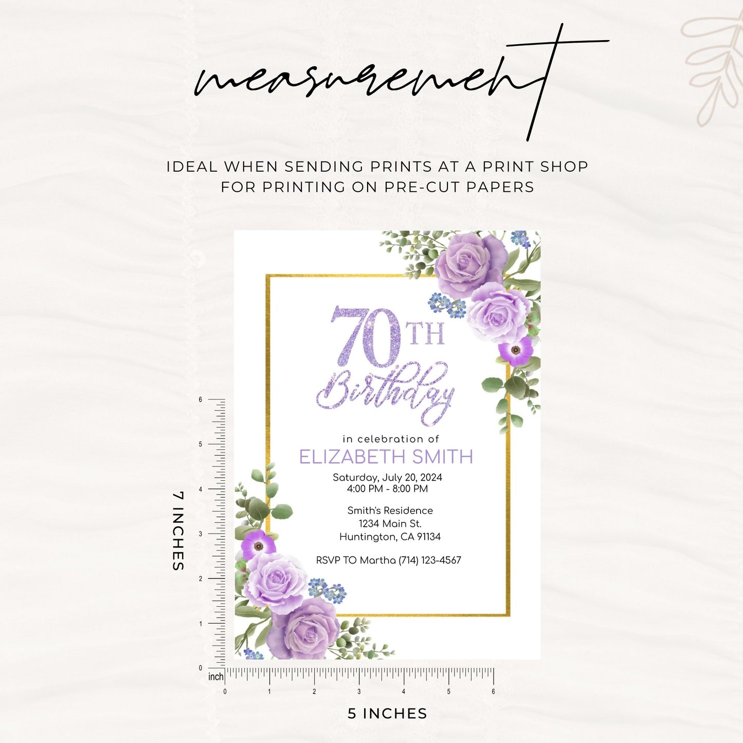 70th Birthday Invitation Template Purple Floral 5x7