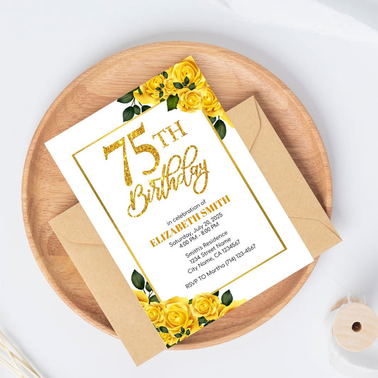 Editable 75th or 65th Birthday Party Invitation Template 5x7, Gold Floral Birthday Invitation, 65th Invites Template, 65th Bday, 75th Bday