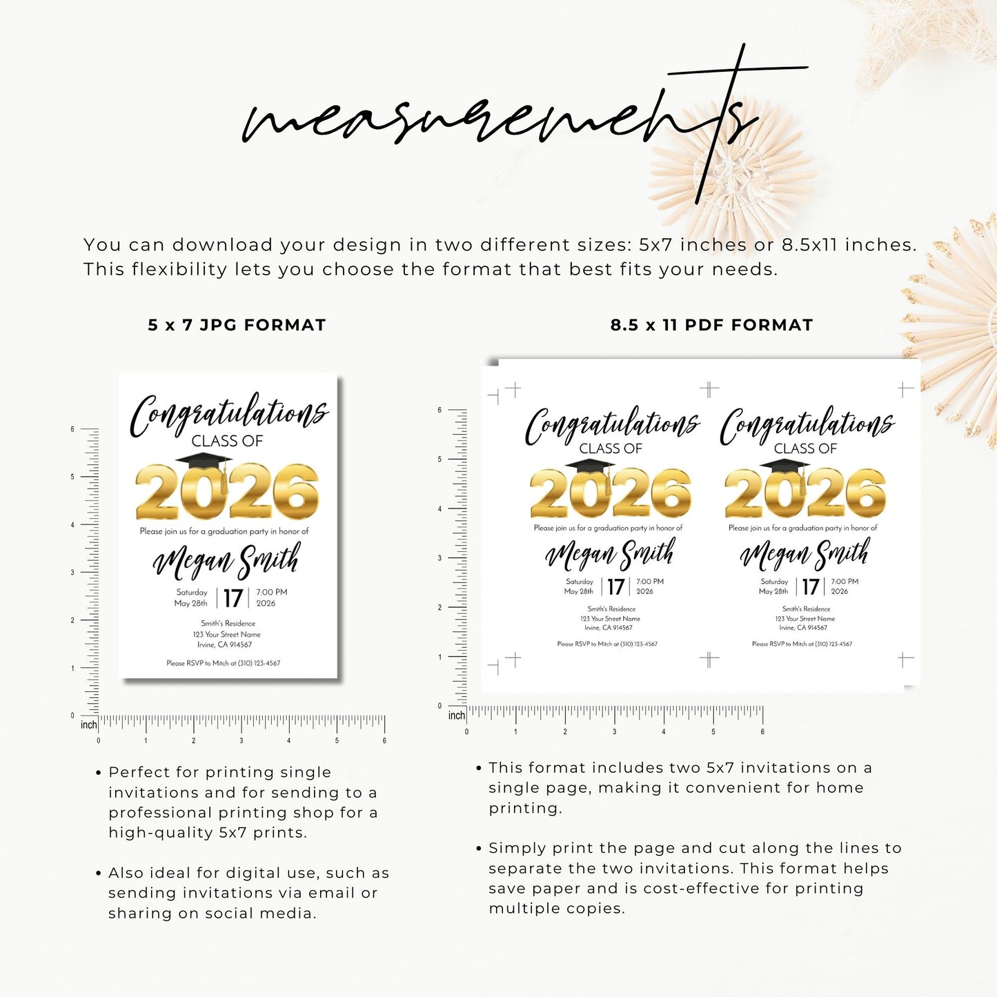 Measurement chart for 2026 graduation invitations in 5x7 and 8.5x11 formats with text and ruler for scale.