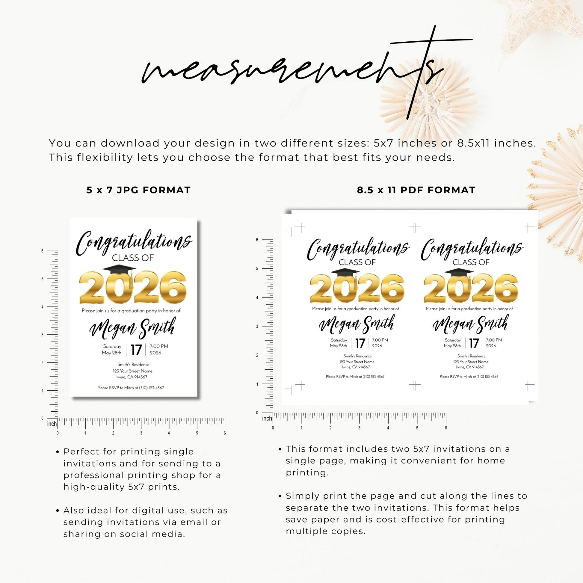 Measurement chart for 2026 graduation invitations in 5x7 and 8.5x11 formats with text and ruler for scale.