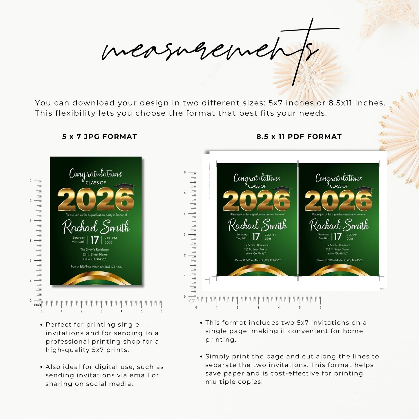 Graduation invitation design with text and measurements for 5x7 and 8.5x11 formats.