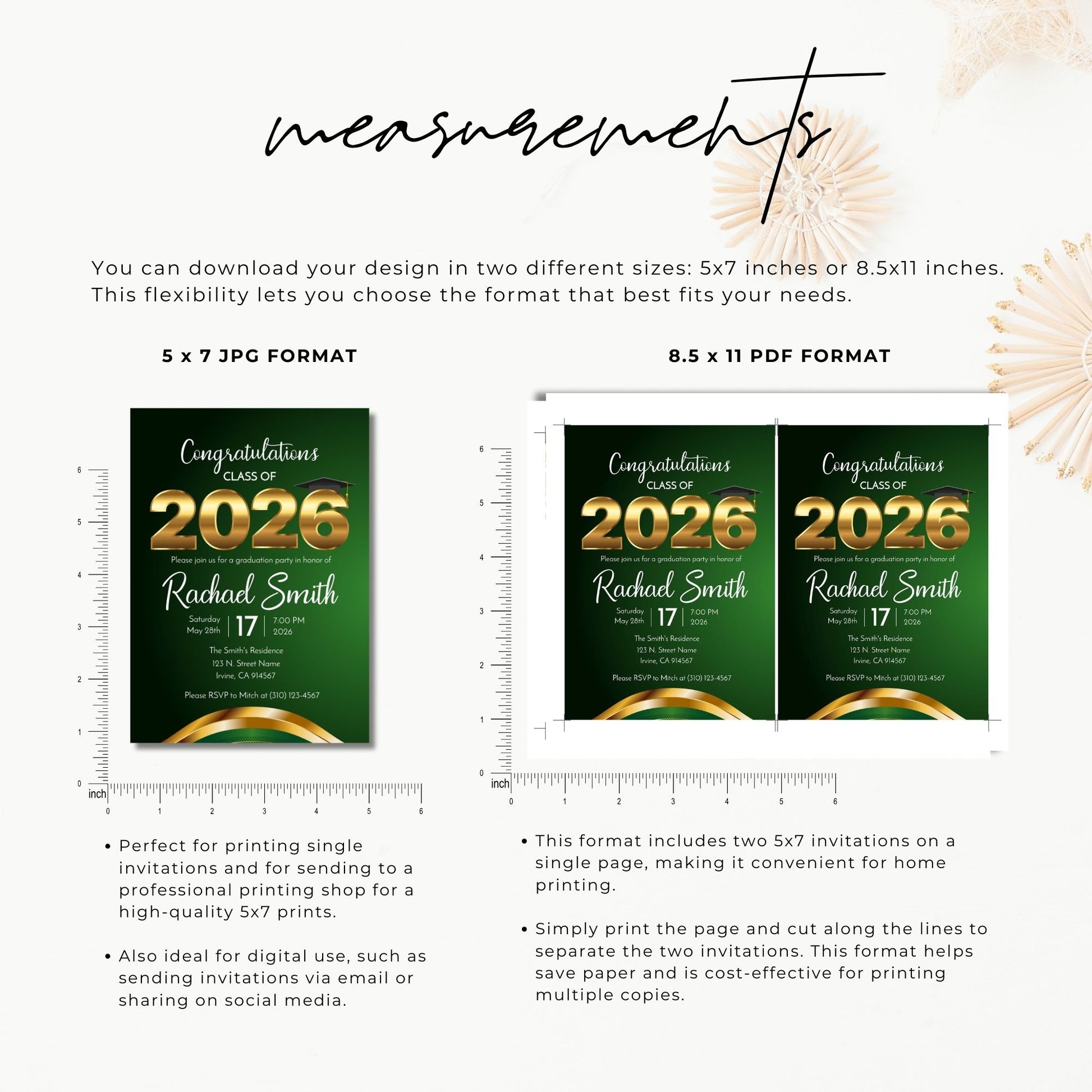 Graduation invitation design with text and measurements for 5x7 and 8.5x11 formats.