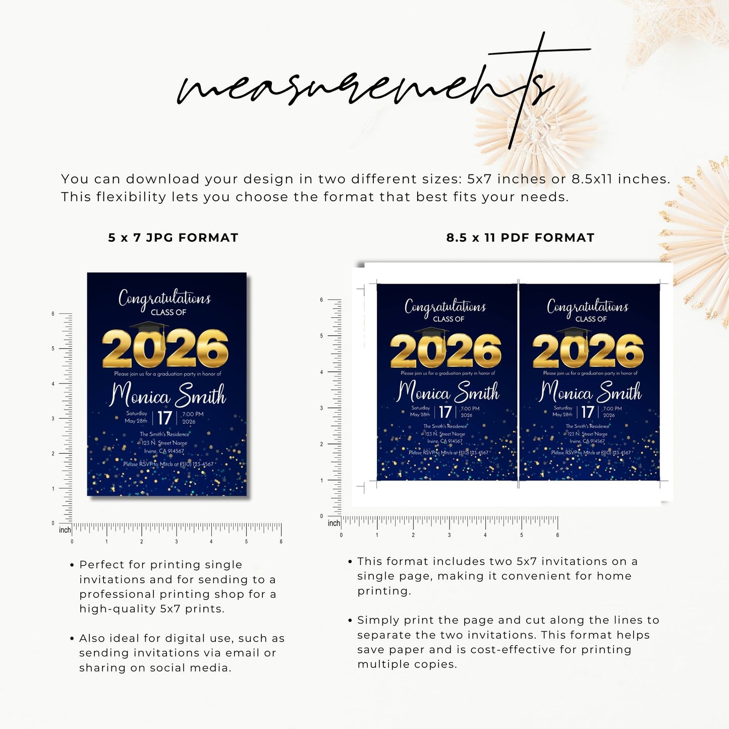 Measurement guide for graduation invitations with 5x7 and 8.5x11 formats.
