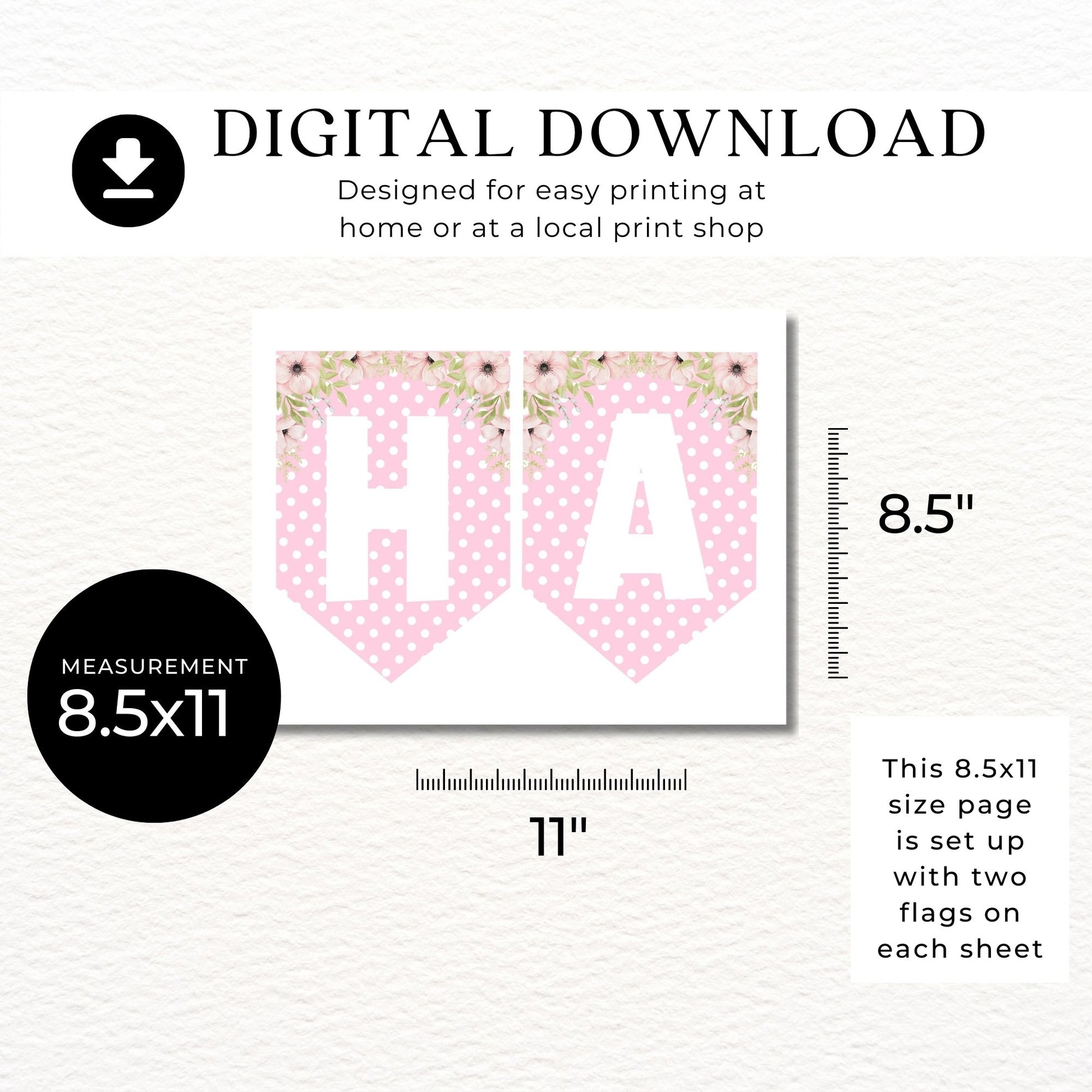 Digital download banner with pink polka dots and gold accents, measurement 8.5x11, suitable for home or local print shop.