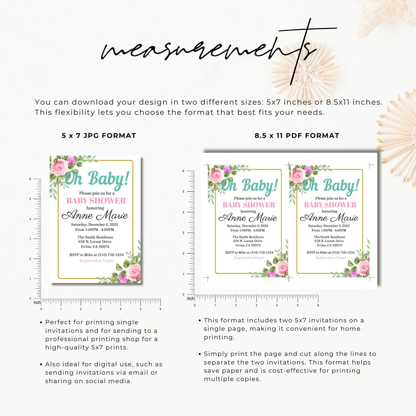 Baby shower invitation with floral design and text, shown in two formats with measurements.