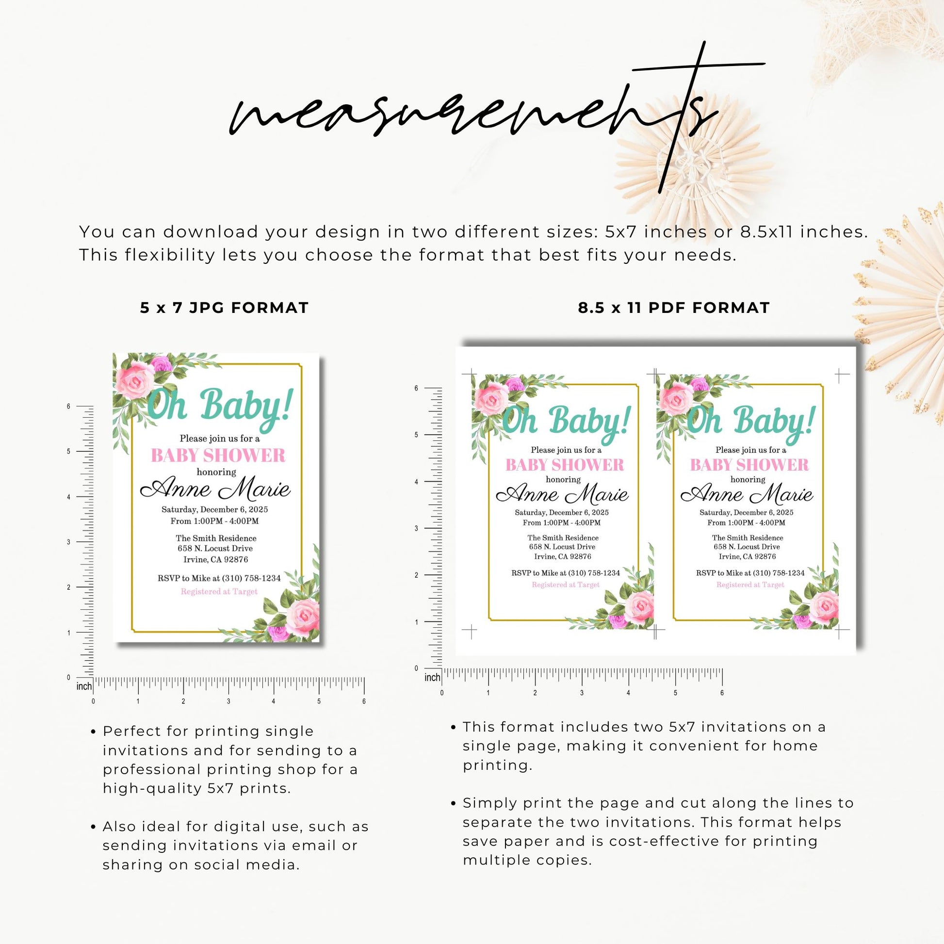 Baby shower invitation with floral design and text, shown in two formats with measurements.