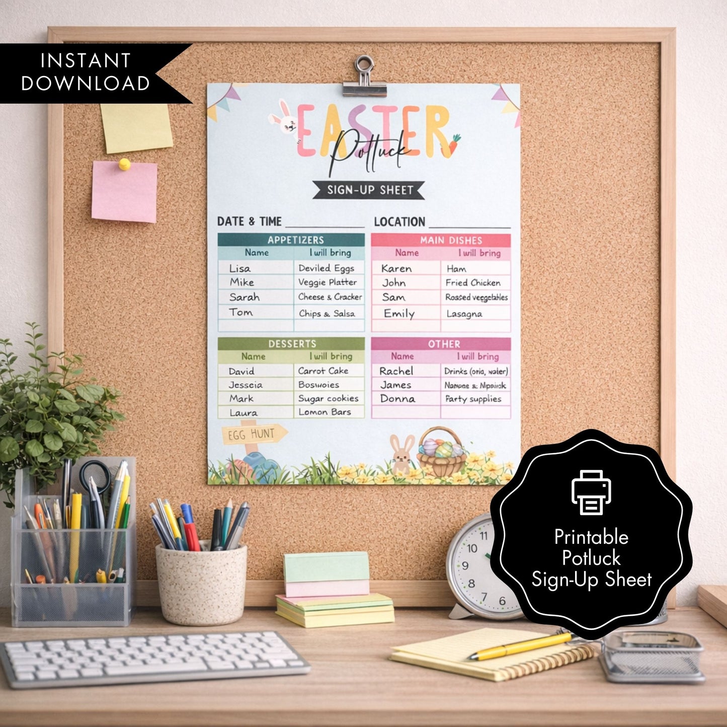 Easter potluck sign-up sheet on a cork board with stationery items on a desk.