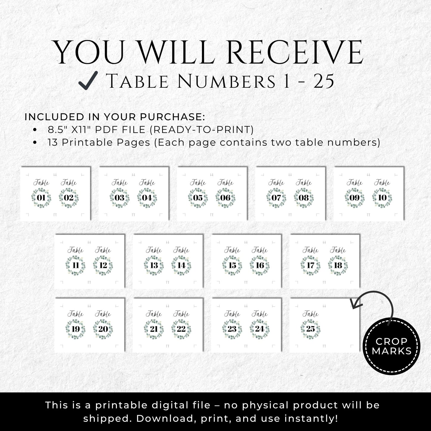 Promotional graphic for table numbers 1-25 with digital file details.
